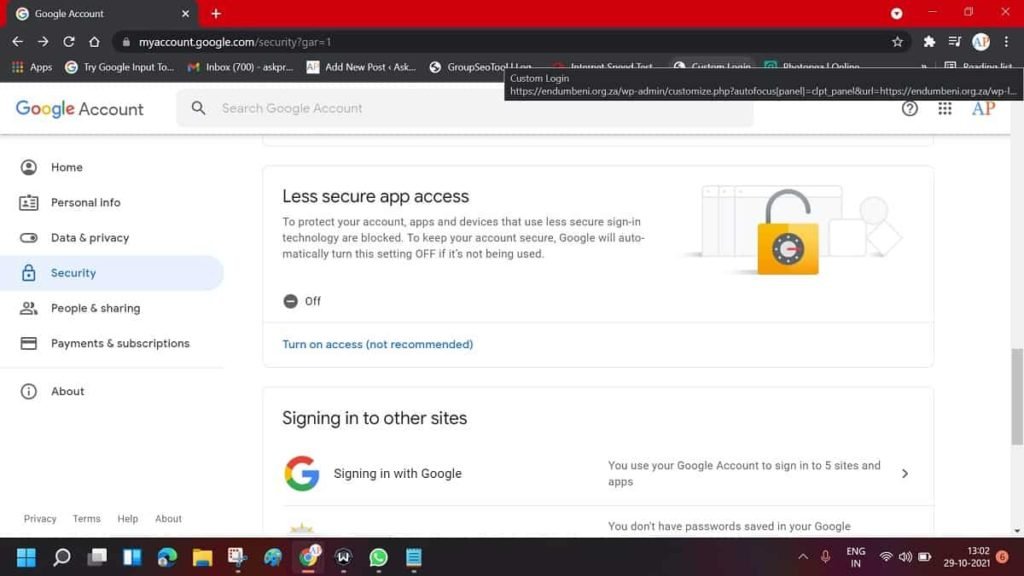 enable less secure apps in gmail