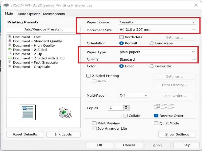 set paper type from printer printing preferences